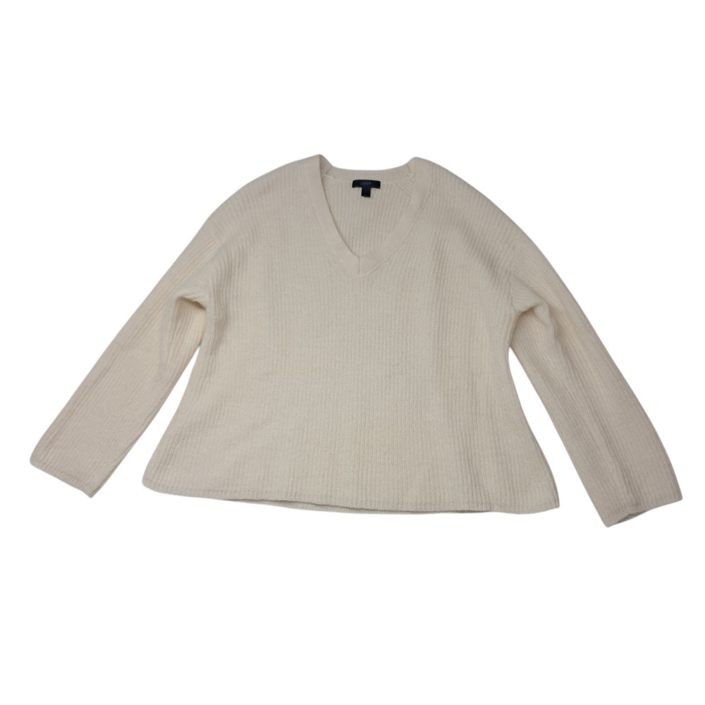 J. Crew Oversized V-Neck Sweater Womens Large Ivory Ribbed Alpaca Wool Blend‎